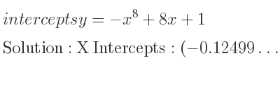 The intercepts of y=-x^8+8x+1 is X Intercepts: (-0.12499…,0),(1.36287…,0),Y Intercepts: (0,1)